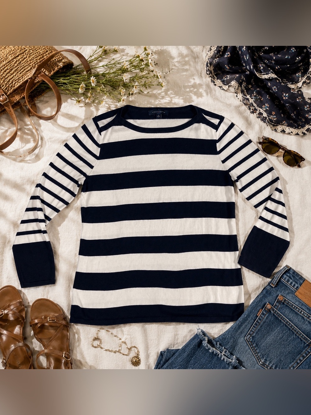 Tommy Hilfiger XL Navy White Striped Boat Neck 3/4 Sleeve Knit Cotton Top